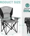 Two Pack Heavy Duty Folding Camping Chairs With 500 Pound Capacity, Padded Back And Arm Rests, Cup Holder And Built In Cooler Bag, Portable Lawn Chairs For Sports, Beach And Garden, showing chair dimensions and weight capacity