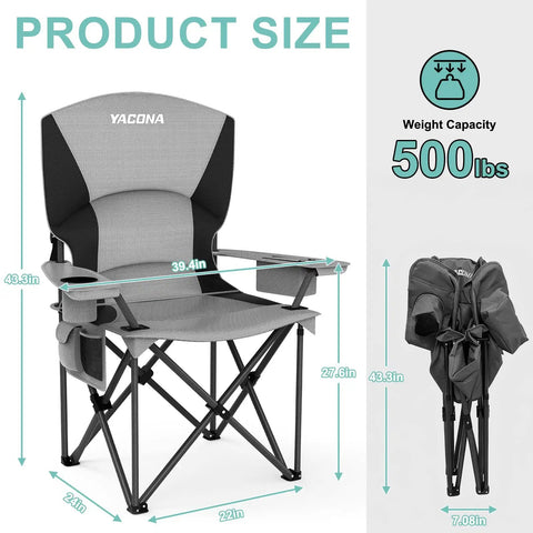 Two Pack Heavy Duty Folding Camping Chairs With 500 Pound Capacity, Padded Back And Arm Rests, Cup Holder And Built In Cooler Bag, Portable Lawn Chairs For Sports, Beach And Garden, showing chair dimensions and weight capacity