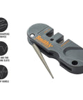 Dual Stage Knife Sharpener With Preset Carbide And Ceramic Slots Plus Retractable Diamond Rod for quick sharpening, grey handle.