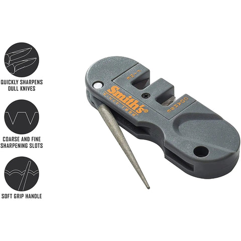 Dual Stage Knife Sharpener With Preset Carbide And Ceramic Slots Plus Retractable Diamond Rod for quick sharpening, grey handle.
