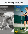 Comparison of traditional ball pickup and No Bending Over Golf Ball Retriever Tool 33 Inch showing features and usage on tennis court.