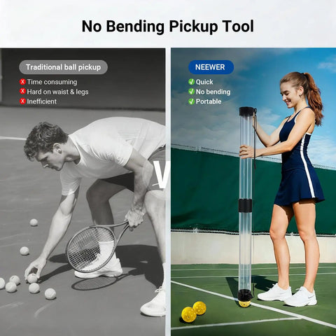 Comparison of traditional ball pickup and No Bending Over Golf Ball Retriever Tool 33 Inch showing features and usage on tennis court.