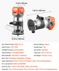 Heavy Duty One Horsepower Wood Router And Palm Edge Trimmer With Variable Speed Control From Ten Thousand To Thirty Two Thousand RPM, detailed specifications and measurements.