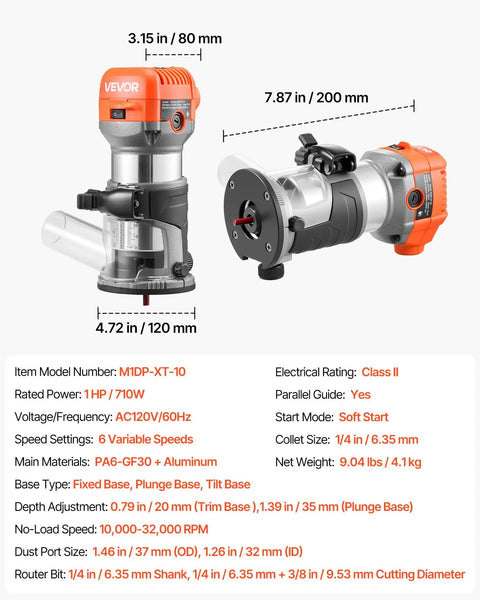 Heavy Duty One Horsepower Wood Router And Palm Edge Trimmer With Variable Speed Control From Ten Thousand To Thirty Two Thousand RPM, detailed specifications and measurements.