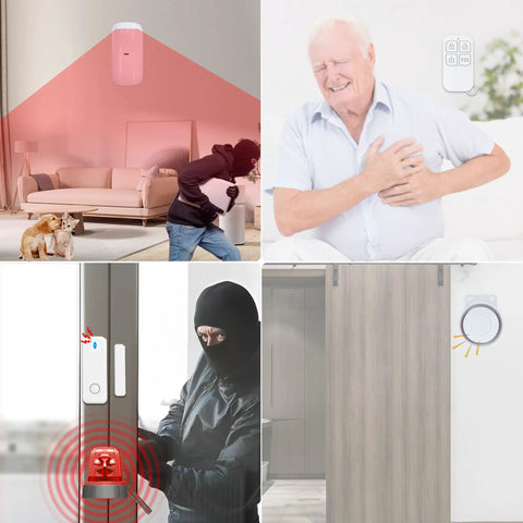 DIY WiFi Home Security Alarm System Kit With 12 Piece Bundle Including Motion Detectors, Door Sensors, Remote, Siren And App Alerts, Alexa And Google Compatible, No Monthly Fee, Works With Smart Life App, Ideal For Home Villa And Family Safety showing door and motion sensors