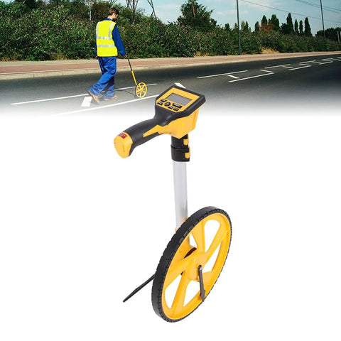 Fauitay Digital measuring wheel with backlit display, yellow and silver design, showing the measurement wheel and handle.