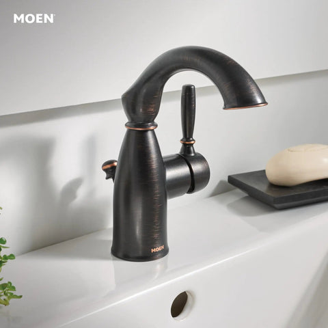 Mediterranean Bronze Rustic Farmhouse Bathroom Faucet With One Handle For Single Hole Install And Optional Deck Plate on white basin