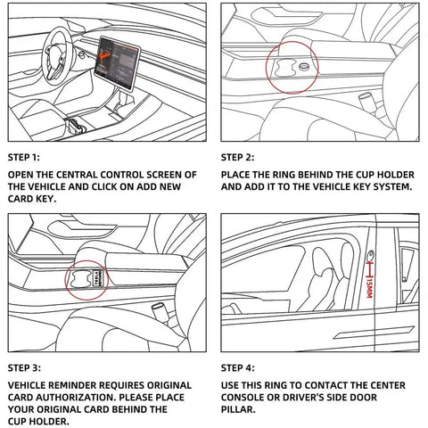 Hella Durable Smart Zirconia Ceramic Key Ring For Tesla Model 3 Y X S Cybertruck installation guide steps in vehicle interior.