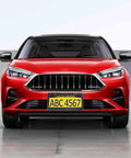 Red car with Real Carbon Fiber License Plate Frame With Stainless Steel Core, Wide 2-Hole Edge, Anti-Theft Screw Caps, front mount