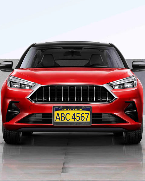 Red car with Real Carbon Fiber License Plate Frame With Stainless Steel Core, Wide 2-Hole Edge, Anti-Theft Screw Caps, front mount