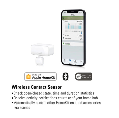 Smart Door And Window Sensor For HomeKit And Bluetooth Real Time Open Or Closed Status Instant Notifications Automate Accessories And Scenes No Bridge Required Thread Compatible 3 Pack with phone integration shown
