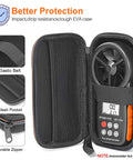 Rugged EVA Hard Travel Case For BT-100 Series Handheld Anemometer Protection with foam insert, open view showcasing elastic belt and mesh pocket