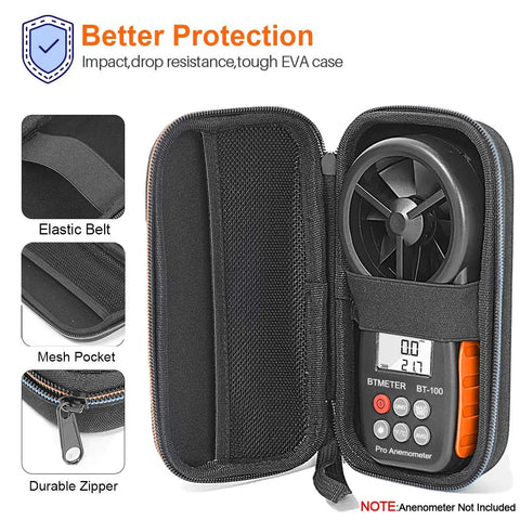 Rugged EVA Hard Travel Case For BT-100 Series Handheld Anemometer Protection with foam insert, open view showcasing elastic belt and mesh pocket