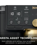 Top Shelf All In One Espresso Machine Featuring Built In Grinder And Hands Free Frother For Crisp Cold Brew And Fresh Drip Coffee Big Time Black Gold Edition control panel with grind and brew settings.