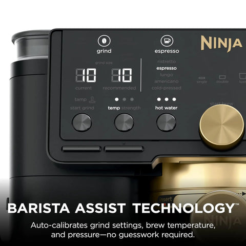 Top Shelf All In One Espresso Machine Featuring Built In Grinder And Hands Free Frother For Crisp Cold Brew And Fresh Drip Coffee Big Time Black Gold Edition control panel with grind and brew settings.