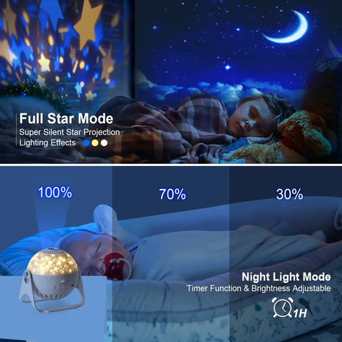 Child sleeping with 7 In 1 Galaxy Star Projector For Kids Room Vibe Creator With Moon Nebula projecting stars and moon on ceiling.