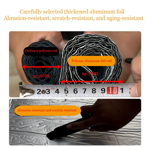 Heavy Duty Waterproof Roofing Tape With Flexible Butyl Asphalt And Thick Aluminum Foil, showing thickness and length comparison in coils.