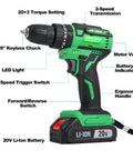 Cordless Brushless Drill Kit With Charger And Two 2Ah Li Ion Batteries 400 In Lbs Torque Dual Speed Settings Safety Lock Built Tough