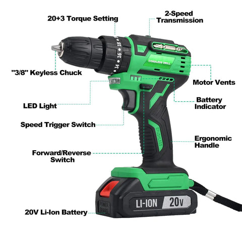 Cordless Brushless Drill Kit With Charger And Two 2Ah Li Ion Batteries 400 In Lbs Torque Dual Speed Settings Safety Lock Built Tough