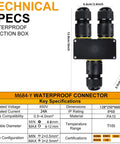 Y Shape 3 Way IP68 Waterproof Junction Box With Quick Release Cable Connector And M20 Glands UL ETL CE Certified Flame Retardant PC PA66 Space Saving Design For Landscape Lighting Fits 4 12mm Cables Black, technical specs view