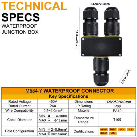 Y Shape 3 Way IP68 Waterproof Junction Box With Quick Release Cable Connector And M20 Glands UL ETL CE Certified Flame Retardant PC PA66 Space Saving Design For Landscape Lighting Fits 4 12mm Cables Black, technical specs view