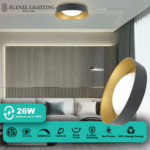 Ultra Bright LED Flush Mount Ceiling Light 26W 1800 Lumens Dimmable With 3 Color Temperatures 3000K 4000K 5000K Matt Black With Gold Inside Ideal For Bedroom Hallway Bathroom And Outdoor Use