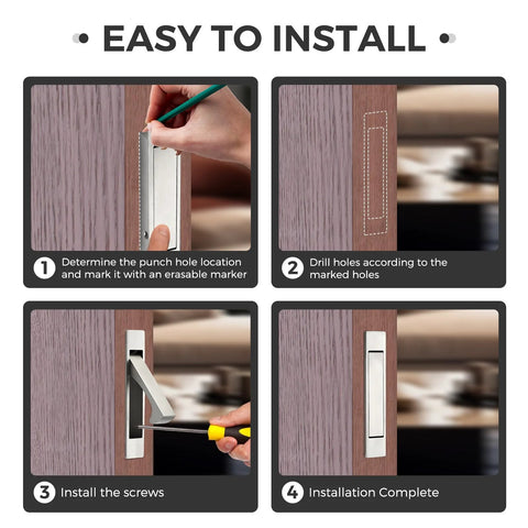 Installation steps for Pocket Door Pull Handle Edge Pull Satin Nickel Flush Mount For Sliding Doors 2 Pack With Self Retracting Mechanism Fits Doors Over Eleven Sixteenth Inches Thick Stainless Steel Finish Rust Resistant And Easy To Install