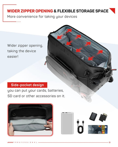 35L Rolling Camera Bag With Side Access And Wheels Two In One Travel DSLR Backpack open with visible side pockets