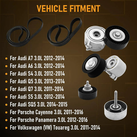 Premium Drive Belt Tensioner Idler Pulley Kit That Slaps Right Into Audi A7 A6 S4 Q5 Q7 And Porsche Cayenne Panamera For Serious Street Performance And Smooth Daily Drives. vehicle fitment chart