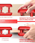 Carbide Blades Edge Banding Trimmer Hand Planer For Burr Removal And Edge Trim Wood Scraper Tool For PVC ABS Melamine Edges Durable Easy Cut Red Finish shown in use trimming edge banding on wood.