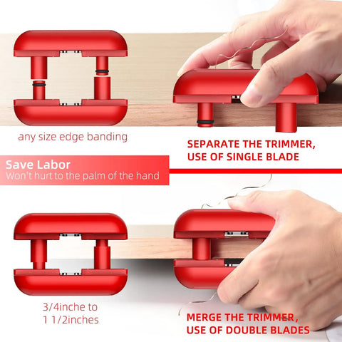 Carbide Blades Edge Banding Trimmer Hand Planer For Burr Removal And Edge Trim Wood Scraper Tool For PVC ABS Melamine Edges Durable Easy Cut Red Finish shown in use trimming edge banding on wood.