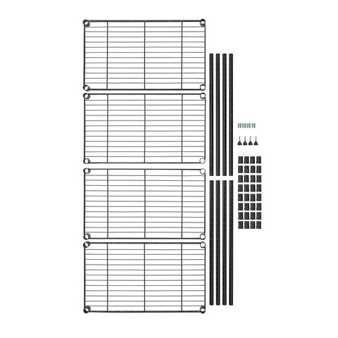 Four-Shelf Steel Wire Garage Storage Shelves Heavy Duty With Adjustable Metal Unit, Each Shelf Holds Up To 200 Lbs, 800 Lbs Total Capacity, 23.2 In Wide By 48 In High By 13.4 In Deep, Black, Ideal For Tools, Gear And Supplies In Workshop Or Garage., exploded view of four black steel wire shelves and support poles
