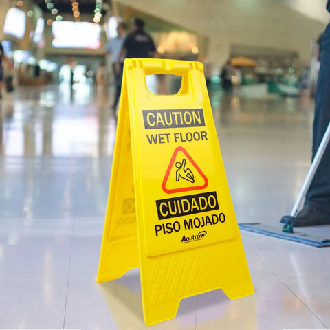 Caution Wet Floor Sign Yellow Double Sided A Frame, Bilingual Foldable Safety Sign 17.12 x 8.38 x 0.94 Inches in a public area