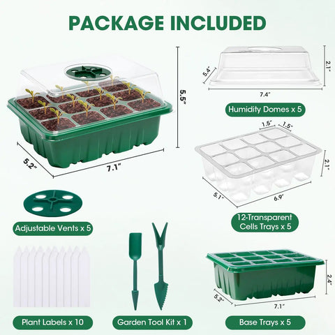 Package contents of Five Pack Seed Starter Tray Kit With Humidity Dome And Transparent Drain Hole Base For 60 Cell Trays Indoor Greenhouse