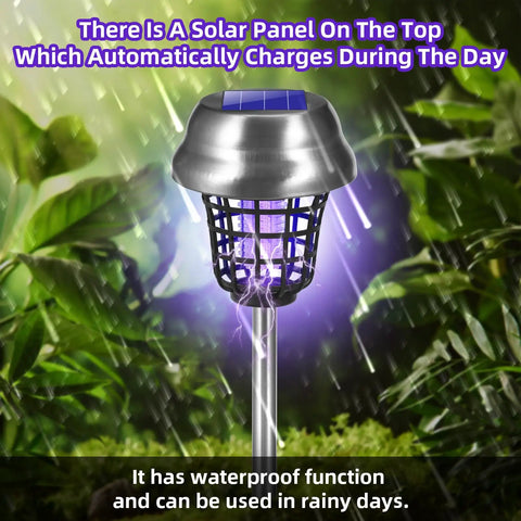 Solar Bug Zapper Outdoor Solar Powered IP66 Waterproof Mosquito Killer And Trap For Backyards Gardens And Farms Weatherproof Outdoor Insect Zapper For Gnats Flies Moths And Other Small Flying Pests Four Pack with solar panel in rain.
