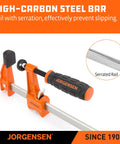 Two orange Jorgensen steel bar clamps with serrated rails and black handles.
