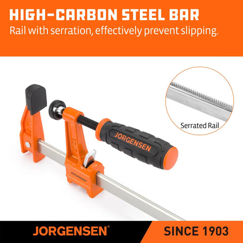 Two orange Jorgensen steel bar clamps with serrated rails and black handles.