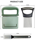 Three-piece vegetable slicer set: green handheld slicer with stainless blade, onion holder with tines, metal-handled spatula.