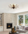 Vintage Crystal Branch Chandelier Flush Mount Ceiling Light in Black Finish with Five Lights in modern living room.