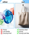 Comparison of lightweight plastic hooks versus stainless steel fabric panel wall hooks holding a heavy tote.
