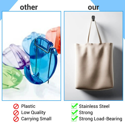 Comparison of lightweight plastic hooks versus stainless steel fabric panel wall hooks holding a heavy tote.