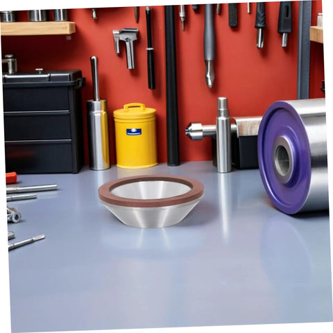 Diamond Concave Cup Grinding Wheel for Sharp Metal And Carbide Tasks Super Versatile Silvertone polished disc on workshop table.