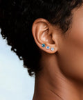 Skip The Itch With These Implant Grade G23 Titanium Screw Back Earrings Featuring Hypoallergenic Design And F136 Certified For Totally Sensitive Tolerant Ears While Delivering Premium Nickel Free Security And Long Lasting Wear Without Any Drama Or Redness. Close-up of titanium screw back earrings in ear with aqua and clear CZ stones.