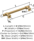 Diagram of Champagne Bronze Traditional Cabinet Pull For Cabinets And Furniture Five And One Sixteenth Inch Center To Center Mounting Six And One Half Inch Overall Length showing dimensions.