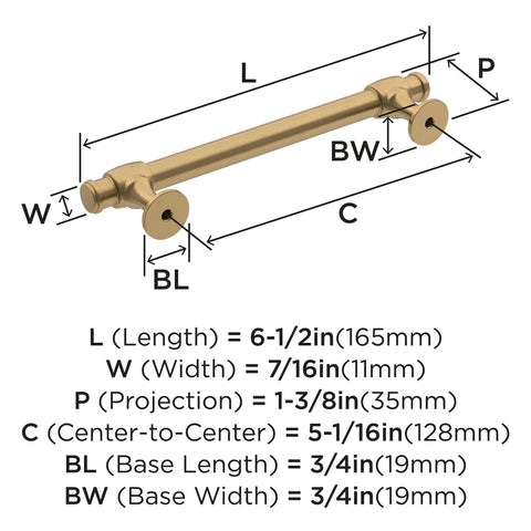 Diagram of Champagne Bronze Traditional Cabinet Pull For Cabinets And Furniture Five And One Sixteenth Inch Center To Center Mounting Six And One Half Inch Overall Length showing dimensions.