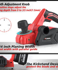 Cordless Electric Hand Planer 21V 16,000 RPM with 3-1/4 inch planing width, depth adjustment knob, kickstand design