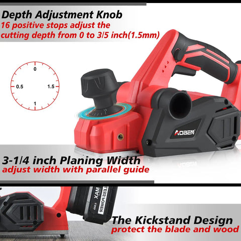 Cordless Electric Hand Planer 21V 16,000 RPM with 3-1/4 inch planing width, depth adjustment knob, kickstand design