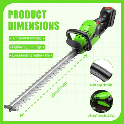 Cordless 21V Hedge Trimmer With Battery And Charger Included 20 Inch Dual Action Steel Blade 12000 RPM Lightweight, product dimensions