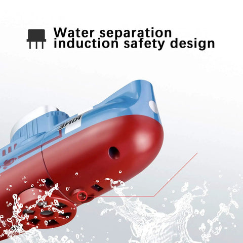 Mini RC Submarine Remote Control Boat With 360 Degree Rotation And Precise 6 Channel Control Electronic Water Toy for Bathtub or Aquarium shown with water splash highlighting safety design.