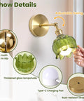 Rechargeable Battery Operated Wall Sconces Set Of 2 5000mAh Dimmable Wireless Lights With Remote Cordless Glass Flower Sconces detail view